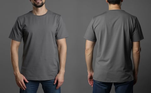 Man in grey t-shirt closeup mockup on grey background