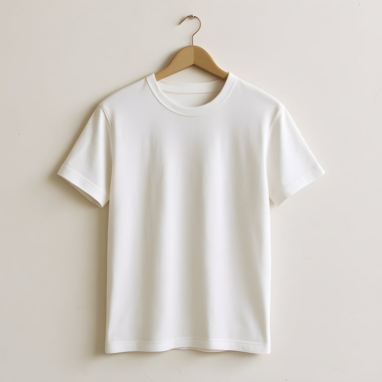 A plain white T-shirt hangs neatly on a wooden hanger against a clean white wall