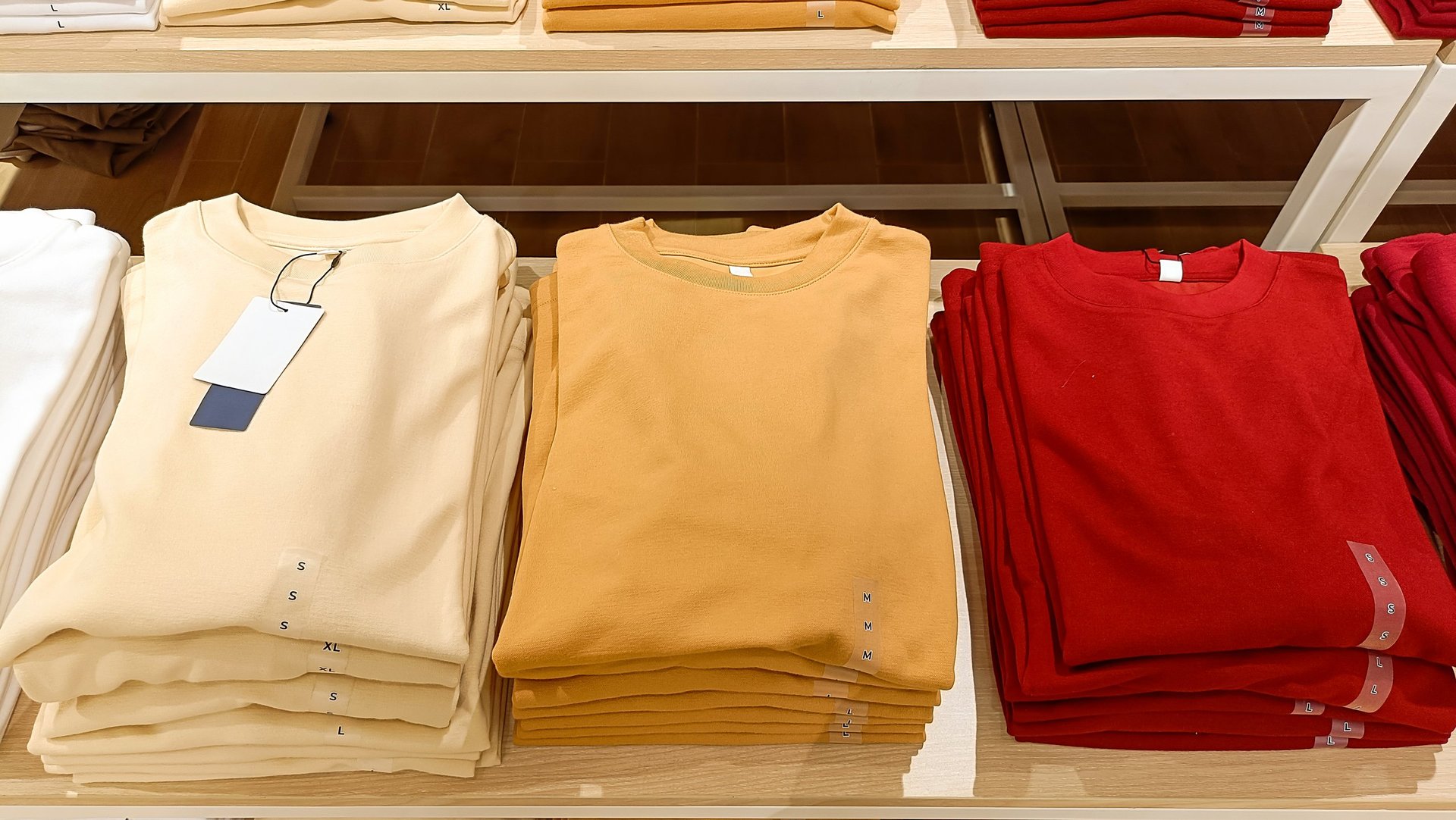 Colorful men's t-shirts folded on shelves for sale in a clothing store