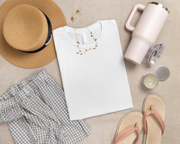 Blank white folded t-shirt mockup with accessories flat lay template for branding