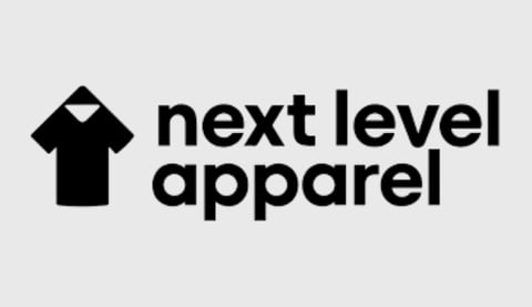 Next Level Apparel logo featuring a black shirt icon with diamond collar design and bold text