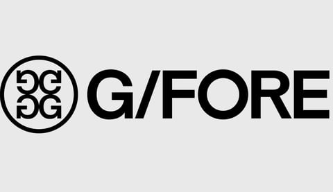 G/FORE golf brand logo featuring circular emblem with 5G text and bold sans-serif lettering on gray background