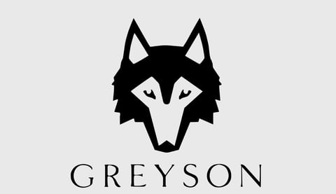Black and white wolf head logo with text reading Greyson below
