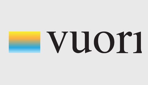 Vuori logo with yellow and blue gradient square and black serif text