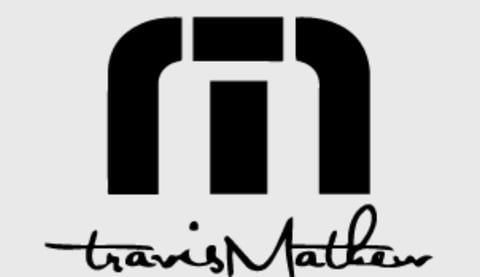 Travis Mathew logo featuring a stylized black geometric design with cursive text below